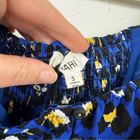 Rahi Blue Leopard Print Crop Puff Shoulder Boho Womens Blouse L Yellow Ruched - Picture 8 of 11